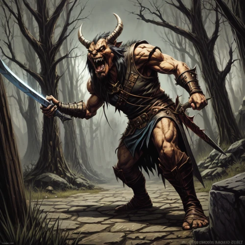 minotaur,barbarian,massively multiplayer online role-playing game,kobold,dane axe,splitting maul,fantasy warrior,feral goat,heroic fantasy,warrior and orc,warlord,dark elf,aurochs,faun,orc,horned,devilwood,druid,daemon,lone warrior