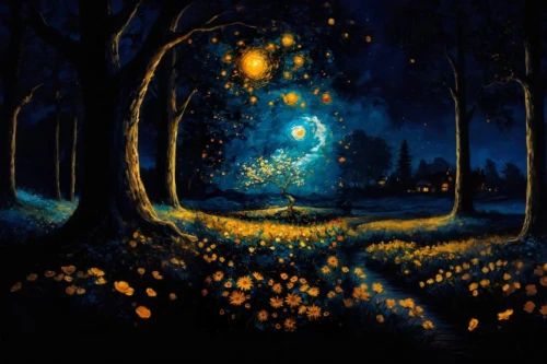 night scene,fireflies,fairy forest,enchanted forest,starry night,forest of dreams,tree lights,light of night,fairy lanterns,tree grove,fairy galaxy,tree torch,oil painting on canvas,magic tree,fantasy picture,fantasy art,forest landscape,glow in the dark paint,fairytale forest,forest glade