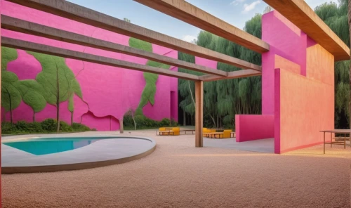 cabana,pink grass,dunes house,magenta,pool house,garden design sydney,mid century house,mid century modern,cube house,pink flamingo,pink squares,tropical house,pink flamingos,cubic house,color wall,house painting,construction paper,artificial grass,landscape designers sydney,3d rendering,Photography,General,Commercial