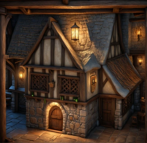 tavern,medieval architecture,wooden houses,half-timbered house,crooked house,medieval street,witch's house,miniature house,traditional house,wooden house,apothecary,knight village,medieval town,timber framed building,wooden beams,half-timbered houses,attic,half-timbered,small house,wine tavern,Conceptual Art,Fantasy,Fantasy 01
