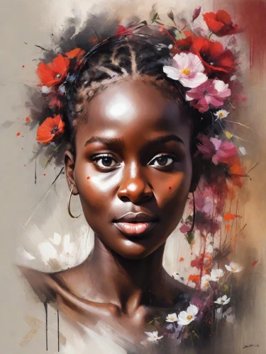 african art,african woman,world digital painting,girl portrait,oil painting on canvas,digital painting,mystical portrait of a girl,portrait of a girl,oil painting,art painting,boho art,benin,african,digital art,digital artwork,african culture,flower painting,girl with cloth,girl in a wreath,oil on canvas,Digital Art,Impressionism