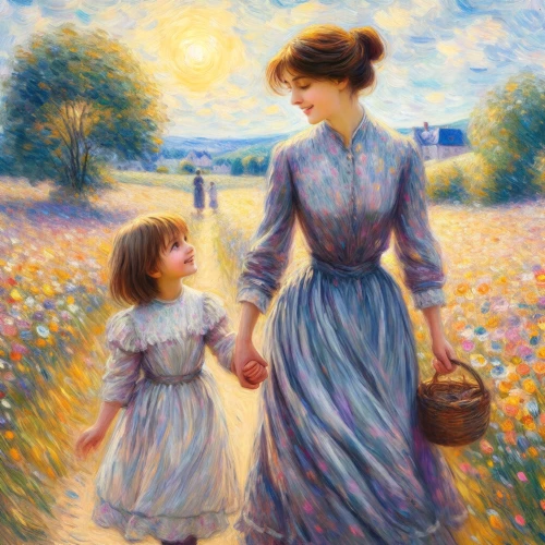 little girl and mother,girl picking flowers,picking flowers,meadow in pastel,walk with the children,field of flowers,oil painting,oil painting on canvas,children girls,young women,flowers field,flowers of the field,holding flowers,little girls walking,two girls,mother and daughter,blooming field,girl in flowers,parents with children,little girls