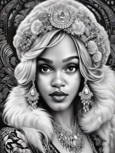 nigeria woman,fantasy portrait,african woman,african american woman,queen,queen crown,white fur hat,queen s,african culture,african art,black woman,digital painting,world digital painting,queen bee,cameroon,fantasy art,royalty,afro-american,russian folk style,tanzania