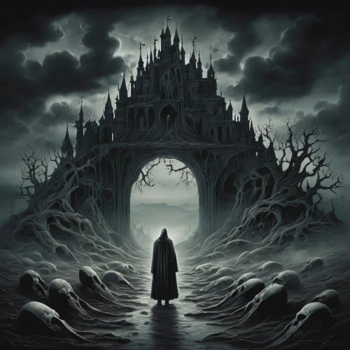 ghost castle,haunted cathedral,haunted castle,castle of the corvin,hall of the fallen,witch house,sepulchre,dark gothic mood,gothic,gothic style,maelstrom,the haunted house,gothic architecture,dark art,purgatory,necropolis,witch's house,dark world,water castle,the threshold of the house,Illustration,Black and White,Black and White 07