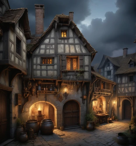 medieval street,medieval town,knight village,medieval architecture,wooden houses,half-timbered houses,escher village,tavern,crooked house,witch's house,medieval,half-timbered house,alpine village,houses clipart,alsace,medieval market,old town,ancient house,colmar,3d fantasy,Conceptual Art,Fantasy,Fantasy 01