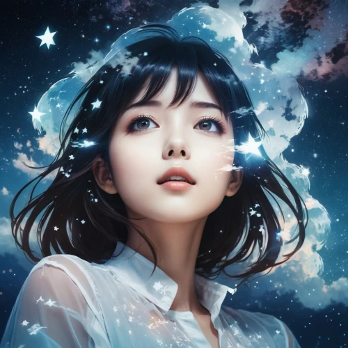 fantasy portrait,starry sky,starry,celestial,universe,falling star,mystical portrait of a girl,cosmos wind,white cosmos,falling stars,cosmos,moonflower,space art,galaxy,cassiopeia,lunar,world digital painting,fairy galaxy,constellation,celestial body,Photography,Artistic Photography,Artistic Photography 07