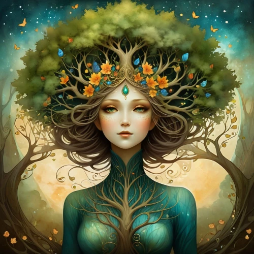 dryad,faerie,tree crown,faery,the enchantress,mother earth,mother nature,girl with tree,fairy queen,flourishing tree,celtic tree,anahata,the branches of the tree,natura,fantasy portrait,elven flower,tree of life,green tree,girl in a wreath,spring equinox,Illustration,Realistic Fantasy,Realistic Fantasy 01