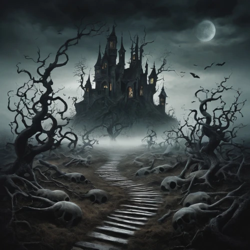 haunted castle,witch house,gothic style,ghost castle,witch's house,haunted cathedral,castle of the corvin,dark gothic mood,gothic,gothic architecture,dark art,fantasy picture,fairy tale castle,the haunted house,hollow way,dark world,hall of the fallen,devilwood,haunted forest,the threshold of the house,Illustration,Black and White,Black and White 07