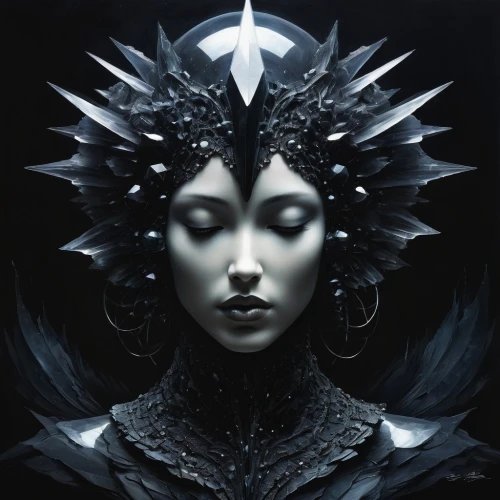 queen of the night,the snow queen,crow queen,dark angel,gothic portrait,ice queen,black angel,priestess,dark art,fantasy portrait,headdress,dark gothic mood,gothic woman,lady of the night,dark elf,fantasy art,sorceress,mirror of souls,imperial crown,crowned,Illustration,Abstract Fantasy,Abstract Fantasy 18