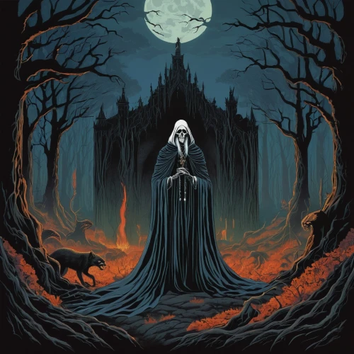 the witch,the nun,halloween poster,grimm reaper,witch house,dance of death,witch's house,grim reaper,halloween illustration,haunted forest,haunted cathedral,blackmetal,sorceress,halloween background,priestess,gothic woman,celebration of witches,dark art,holy forest,black forest,Illustration,Retro,Retro 26