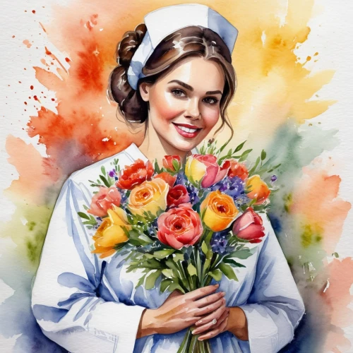flower painting,female nurse,yuri gagarin,flowers png,female doctor,girl in flowers,princess leia,watercolor women accessory,floral greeting,with a bouquet of flowers,watercolor pin up,retro flowers,floral greeting card,women's day,beautiful girl with flowers,holding flowers,nurse,flower art,vintage flowers,khokhloma painting,Illustration,Paper based,Paper Based 24