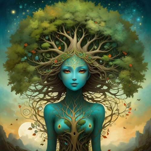 dryad,mother earth,earth chakra,faerie,girl with tree,mother nature,tree crown,tree of life,anahata,flourishing tree,sacred fig,rooted,the enchantress,the branches of the tree,faery,bodhi tree,tree thoughtless,blue enchantress,celtic tree,green tree,Illustration,Realistic Fantasy,Realistic Fantasy 01