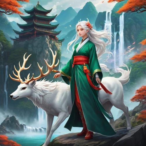 kitsune,manchurian stag,druid,fantasy picture,santa claus with reindeer,portrait background,fantasy portrait,forest background,dragon li,deer illustration,goki,suit of the snow maiden,game illustration,forest dragon,glowing antlers,fantasy art,elves,domestic goats,elven forest,elven,Photography,General,Fantasy