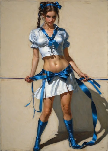 majorette (dancer),girl with cloth,woman playing tennis,girl with a wheel,blue ribbon,twirling,baton twirling,high-wire artist,cleaning woman,girl in cloth,painter doll,little girl twirling,blue painting,épée,rope (rhythmic gymnastics),belt with stockings,twirls,girl with gun,crinoline,twirl,Illustration,Realistic Fantasy,Realistic Fantasy 03