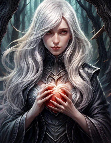 fantasy portrait,sorceress,fire heart,tree heart,heart icon,fantasy art,elven,the enchantress,the heart of,white rose snow queen,queen of hearts,mystical portrait of a girl,divination,a200,games of light,heart,dark art,magic grimoire,dark elf,eglantine