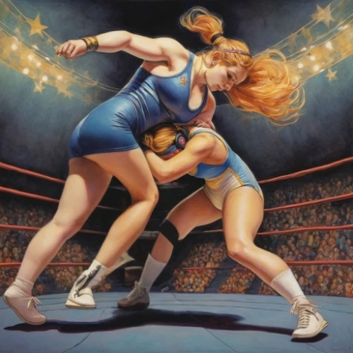 combat sport,striking combat sports,oil on canvas,oil painting on canvas,boxing ring,folk wrestling,boxing,woman pointing,kickboxing,mma,professional boxing,knockout punch,savate,mixed martial arts,the hand of the boxer,oil painting,punch,boxing gloves,dispute,roller derby