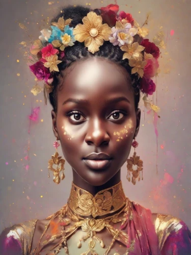 mystical portrait of a girl,african woman,fantasy portrait,african art,girl portrait,african,world digital painting,girl in flowers,girl in a wreath,digital painting,girl in a historic way,african culture,flower girl,nigeria woman,portrait of a girl,benin,child portrait,african american woman,digital art,afro-american,Photography,Cinematic