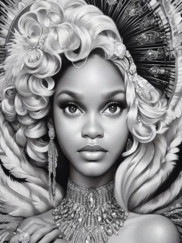 fantasy portrait,queen bee,african american woman,queen crown,african art,black woman,african woman,baroque angel,fashion illustration,digital painting,afro-american,brazil carnival,headdress,bjork,fantasy art,afro american,queen,afro american girls,world digital painting,sculpt
