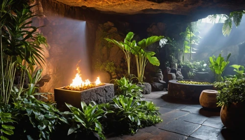 fireplaces,tropical jungle,exotic plants,ubud,rainforest,luxury bathroom,fireplace,fire place,rain forest,fire bowl,cabana,day spa,spa,tropical house,jungle,eco hotel,spiritual environment,landscape lighting,indoor,hot spring,Photography,General,Realistic