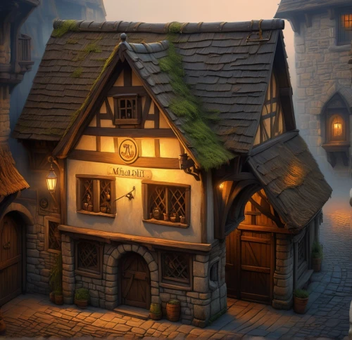 medieval street,medieval town,crooked house,tavern,medieval architecture,half-timbered house,half-timbered houses,knight village,wooden houses,witch's house,escher village,alpine village,ancient house,half-timbered,old town,traditional house,miniature house,half timbered,cobblestone,medieval,Conceptual Art,Fantasy,Fantasy 01
