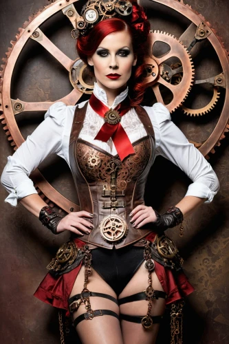 steampunk,steampunk gears,ships wheel,redhead doll,wind rose,clockmaker,queen of hearts,celtic queen,victorian style,gothic fashion,ringmaster,clockwork,corset,victorian lady,girl with a wheel,ship's wheel,the sea maid,scarlet sail,barmaid,cog wheels,Illustration,Realistic Fantasy,Realistic Fantasy 13