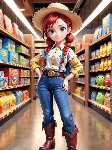 girl in overalls,cowgirl,field of cereals,shopping icon,grocer,supermarket shelf,shopkeeper,toy story,woman shopping,toy store,grocery store,female worker,cashier,store,cereals,cowgirls,countrygirl,minimarket,farm girl,grocery shopping,Anime,Anime,General