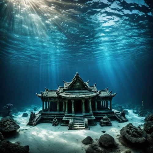 underwater oasis,underwater landscape,sunken church,underwater background,ocean underwater,house of the sea,underwater playground,stone pagoda,underwater world,teal blue asia,asian architecture,under water,marine tank,under the water,submerged,ocean floor,stone lotus,chinese temple,water palace,sea shore temple,Photography,Black and white photography,Black and White Photography 01