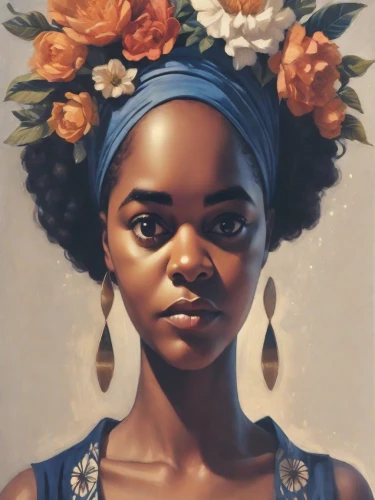 african woman,girl in a wreath,frida,afro american girls,girl portrait,afro-american,african american woman,afroamerican,portrait of a girl,mystical portrait of a girl,maria bayo,oil on canvas,african art,beautiful african american women,afro american,moana,rwanda,african,woman portrait,oil painting on canvas,Photography,Cinematic