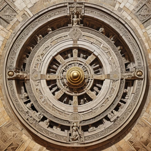 astronomical clock,circular ornament,romanesque,ship's wheel,dharma wheel,church door,round window,bearing compass,entablature,byzantine architecture,architectural detail,sun dial,wall clock,escutcheon,vault,cogwheel,dartboard,cog,sand clock,magnetic compass,Photography,General,Realistic