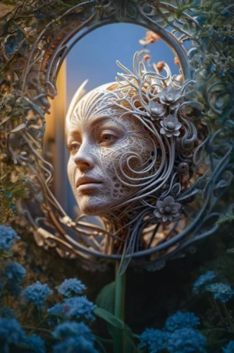 girl in a wreath,mirror of souls,looking glass,mirror in the meadow,faery,mystical portrait of a girl,fae,faerie,fractals art,magic mirror,dryad,mirror water,porthole,the mirror,outside mirror,medusa,water mirror,reflection in water,the enchantress,dreamcatcher