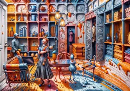 girl in the kitchen,the little girl's room,barber shop,shopkeeper,meticulous painting,pantry,barbershop,laundry room,apothecary,laundry shop,doll house,kitchen shop,house painting,the kitchen,woman shopping,woman playing,woman at cafe,woman house,cabinets,cleaning woman