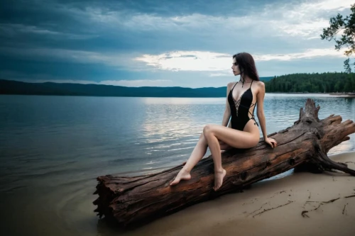 perched on a log,girl on the river,driftwood,girl with tree,landscape photography,background view nature,rusalka,bodypainting,fallen tree,on the shore,wood and beach,photoshop manipulation,beautiful lake,nature love,body of water,landscape background,people in nature,conceptual photography,the night of kupala,wet lake