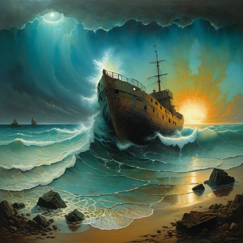 shipwreck,sea fantasy,sea sailing ship,the wreck of the ship,ship wreck,sailing ship,sunken ship,caravel,galleon,sail ship,galleon ship,el mar,digging ship,ghost ship,maelstrom,troopship,sea landscape,fantasy picture,inflation of sail,sea storm,Conceptual Art,Oil color,Oil Color 06