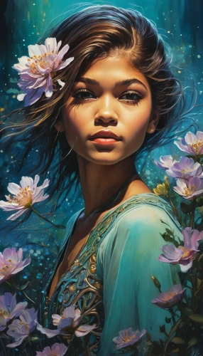 girl in flowers,rosa ' amber cover,girl in the garden,mystical portrait of a girl,moana,flora,jaya,water nymph,girl picking flowers,magnolia,radha,jasmine blossom,fantasy portrait,hula,kahila garland-lily,girl with tree,flower painting,jasmine,girl on the river,oil painting on canvas,Conceptual Art,Oil color,Oil Color 04