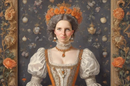 portrait of a woman,portrait of a girl,victorian lady,rococo,vintage female portrait,girl in a wreath,gothic portrait,portrait of christi,elizabeth i,diademhäher,female portrait,young woman,woman with ice-cream,young lady,orange blossom,romantic portrait,portrait of a hen,woman portrait,woman holding a smartphone,girl in flowers,Digital Art,Classicism
