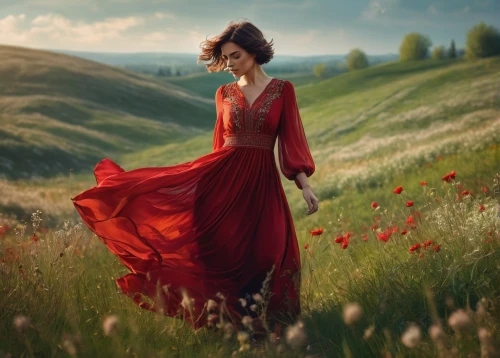 man in red dress,girl in a long dress,red gown,lady in red,red cape,red tunic,red poppies,field of poppies,landscape red,red poppy,girl in red dress,red coat,red petals,poppy red,country dress,way of the roses,red riding hood,romantic portrait,photo manipulation,red summer,Photography,General,Fantasy