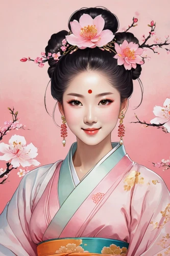 geisha,geisha girl,oriental princess,hanbok,korean culture,oriental painting,plum blossoms,oriental girl,chinese art,japanese art,plum blossom,taiwanese opera,peach blossom,spring festival,japanese floral background,japanese woman,asian culture,japanese sakura background,peking opera,asian woman,Illustration,Japanese style,Japanese Style 04