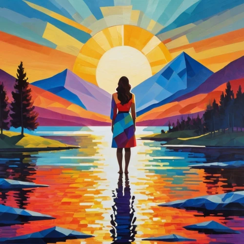 sun reflection,art painting,oil painting on canvas,summer solstice,vermilion lakes,colorful background,colorful water,indigenous painting,girl on the river,mountain sunrise,saturated colors,painting technique,world digital painting,sun,vibrant color,travel poster,harmony of color,colorful light,oil painting,alaska,Illustration,Vector,Vector 07