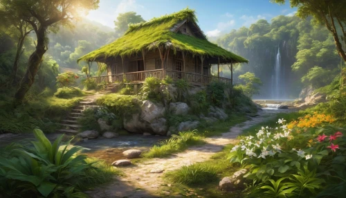 fantasy landscape,home landscape,fairy village,landscape background,house in the forest,wishing well,idyllic,world digital painting,fantasy picture,summer cottage,fairy house,forest landscape,ancient house,rural landscape,forest background,water mill,green landscape,mountain settlement,mountain scene,idyll,Photography,General,Realistic