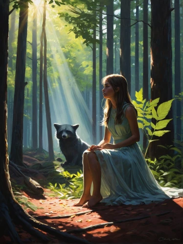 mystical portrait of a girl,fantasy picture,girl with tree,little girl reading,world digital painting,girl with dog,girl studying,fantasy portrait,fantasy art,forest of dreams,the girl next to the tree,sci fiction illustration,a fairy tale,fairy tale,children's fairy tale,forest background,in the forest,idyll,oil painting,oil painting on canvas,Conceptual Art,Daily,Daily 01
