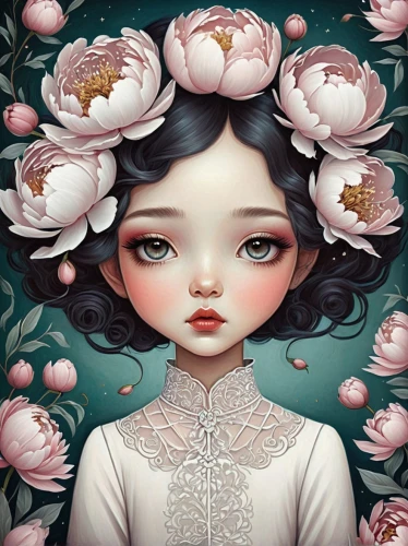 jasmine blossom,peony,flora,magnolias,flower girl,porcelain rose,girl in flowers,rose flower illustration,magnolia,white blossom,fallen petals,eglantine,fantasy portrait,peonies,seerose,blossoms,falling flowers,rosa,petals,floral background,Illustration,Abstract Fantasy,Abstract Fantasy 02