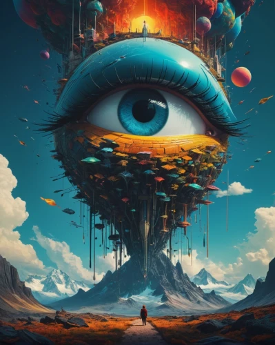 cosmic eye,all seeing eye,psychedelic art,eye,robot eye,3d fantasy,third eye,eye ball,dali,sci fiction illustration,surrealism,mushroom landscape,fantasy world,surrealistic,fantasy art,imagination,abstract eye,panopticon,eyeball,airship,Conceptual Art,Sci-Fi,Sci-Fi 11