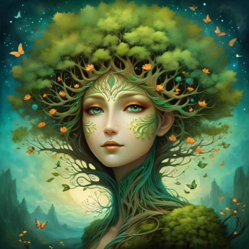 dryad,tree crown,girl with tree,green tree,faerie,mother earth,flourishing tree,faery,linden blossom,mother nature,tree thoughtless,fantasy portrait,celtic tree,natura,tree of life,the branches of the tree,girl in a wreath,mystical portrait of a girl,tree heart,anahata,Illustration,Realistic Fantasy,Realistic Fantasy 01