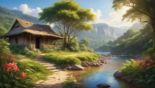 landscape background,home landscape,mountain scene,fantasy landscape,idyllic,beautiful landscape,mountain landscape,nature landscape,rural landscape,world digital painting,house in mountains,summer cottage,river landscape,mountainous landscape,vietnam,mountain village,mountain spring,forest landscape,landscape nature,full hd wallpaper,Photography,General,Realistic