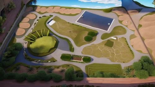 mini golf course,grass roof,japanese zen garden,turf roof,farmlands,pond,biome,wine-growing area,pond plants,solar field,panoramical,organic farm,golf course background,floating islands,zen garden,green valley,underground lake,farms,golf resort,wetland,Photography,General,Realistic