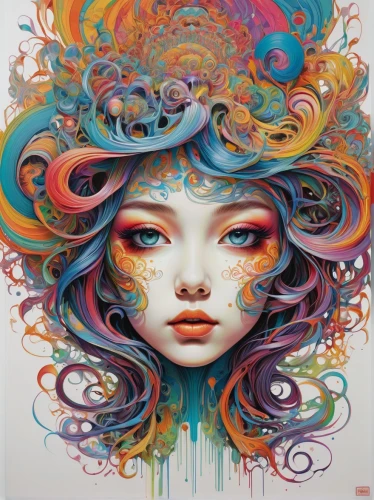 psychedelic art,boho art,colorful spiral,medusa,psychedelic,fractals art,artist color,fantasy art,coral swirl,illustrator,swirling,mystical portrait of a girl,art painting,colorful bleter,aura,colourful pencils,graffiti art,colorful foil background,dizzy,complexity,Illustration,Black and White,Black and White 01