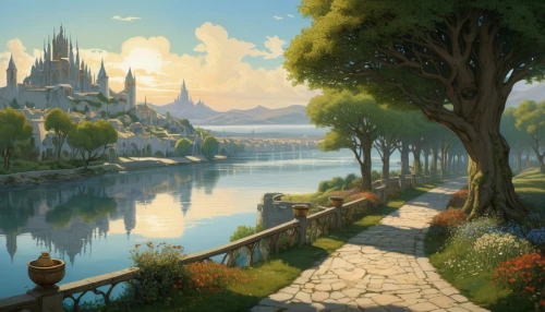 fantasy landscape,fantasy picture,fantasy world,fantasy city,idyll,fantasy art,world digital painting,fairy tale castle,home landscape,heroic fantasy,knight village,city moat,fairy tale,riverside,landscape background,a fairy tale,river landscape,3d fantasy,castelul peles,northrend,Illustration,Retro,Retro 03