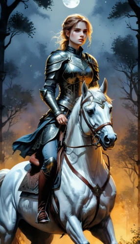 joan of arc,horseback,equestrian,female warrior,a white horse,endurance riding,horseback riding,heroic fantasy,paladin,cuirass,cavalry,ranger,galloping,bronze horseman,horseman,game illustration,tyrion lannister,celtic queen,horse herder,white horse,Conceptual Art,Fantasy,Fantasy 11