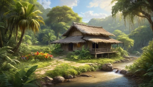 tropical house,home landscape,house in the forest,summer cottage,ancient house,idyllic,tropical island,traditional house,landscape background,little house,small house,tropical jungle,world digital painting,vietnam,asian architecture,thai temple,lonely house,wooden house,wooden hut,an island far away landscape,Photography,General,Realistic