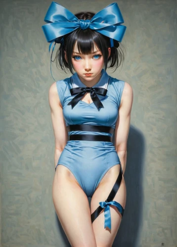 painter doll,rubber doll,tumbling doll,japanese doll,artist doll,the japanese doll,marionette,blue ribbon,pin-up girl,pinup girl,cloth doll,dress doll,blue hawaii,mari makinami,blue painting,japanese art,female doll,holly blue,bodypainting,pin up girl,Illustration,Realistic Fantasy,Realistic Fantasy 08